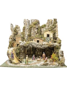 Grotta Presepe con pastori Cm.60X35 Con Fuoco Funzionante, 1061p