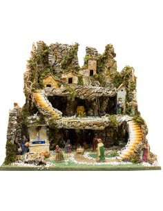 Grotta Presepe con pastori Cm.80x60, con fontana e fuoco funzionante, 1075P
