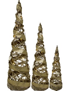 Set 3 alberi conici con nastro oro-stelle cm.80/60/40 con luci, 48225
