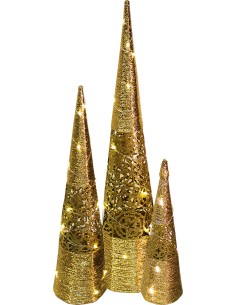 Tris alberi conici cm.40/60/80 oro con stelle e 10 luci led a batterie, 49190