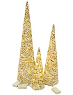 Set 3 alberi conici con filo cotone e vimini bianco/oro con luci 80/60/40 cm,...