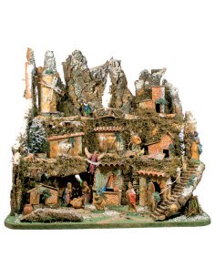 Paesaggio Presepe con pastori ,cm 80X60 Con cascata e Fuoco Funzionanti, 1311P