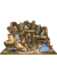 Paesaggio Presepe con pastori, cm 80X60 Con fontana e lago, 1316P