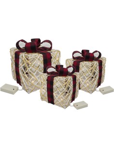 Set 3 cubi 25/20/15 cm.  con cotone e vimini bianco/oro e decoro scozzese con...
