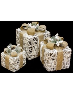 Set 3 cubi  25/20/15 cm.  con cotone e vimini bianco e decoro fiocco neve con...