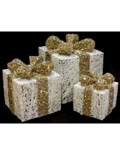 Set 3 cubi 25/20/15 cm.  bianco con fiocco vimini, con luci a batteria, 51122