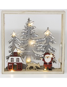 Paesaggio quadro legno cm. 18 con luci alberi casetta e babbo natale, 51834