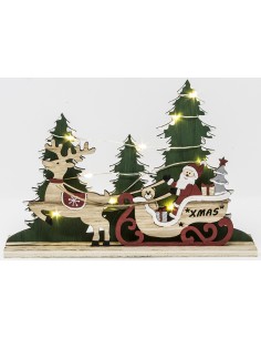 Paesaggio babbo natale su slitta cm.22 legno con luci e alberi, 51837