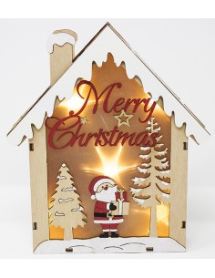 Casetta legno cm. 18x21x3,5  con luce  merry christmas, babbo natale e...