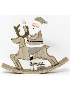 Babbo natale su cervo che dondola cm.19 color legno con pacchi regalo, 51881
