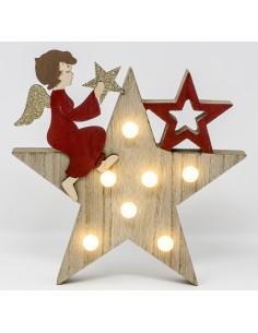 Stella in legno cm. 20x20 con luce calda con angelo e stella, 51886