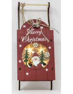 Slitta in legno rossa cm.22 con luci con scritta merry christmas e babbo...