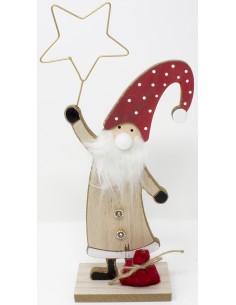 Babbo natale legno cm. 11x32x6 con sacco doni,stella metallo e bottoni...