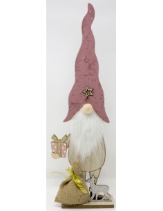 Babbo natale legno cm. 58x17x6,5 con cervo oro e cappello velluto rosa con...