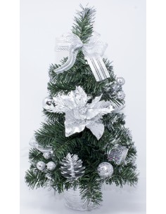 Alberino cm.40 argento glitter argento decoro fiocco,bacche,sfere e pacchi...
