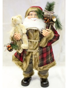 Babbo Natale Cm.60 Scozzese Con Orso Pigna E Dono, 51443