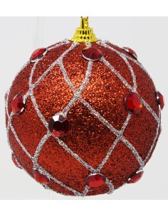 Palline Per Albero 8 Cm  rosso glitter con diamanti e decoro intrecciato,...