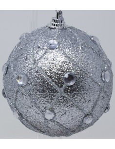 Palline Per Albero 8 Cm argento glitter con diamanti e decoro intrecciato,...