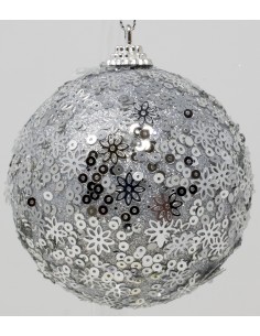 Palline Per Albero 8 Cm argento glitter Con  fiori e cerchi Confezione 6...