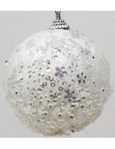 Palline Per Albero 8 Cm bianca glitter Con  fiori e cerchi Confezione 6...