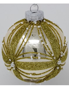 Palline Per Albero Cm 8 In Vetro oro lucido con decoro fiore glitter oro e...
