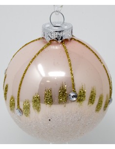 Palline Per Albero Cm 8 In Vetro rosa lucido con filetti glitter oro e bianco...