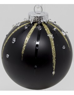 Palline Per Albero Cm 8 In Vetro nero opaco con decoro raggi glitter oro e...