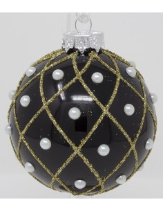 Palline Per Albero Cm 8 In Vetro nero lucido decoro rombi glitter oro e perle...