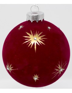 Palline Per Albero Cm 8 In Vetro rosso floccato con stelle oro e strass su...
