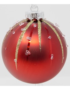 Palline Per Albero Cm 8 In Vetro rosso opaco con decoro raggi glitter oro e...