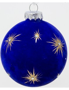 Palline Per Albero  Cm 8 In Vetro blu floccato con stelle oro e strass...