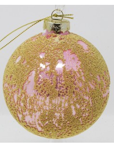 Palline Per Albero  Cm 8 In Vetro Rosa Con Cascate Di Perline Oro Confezione...