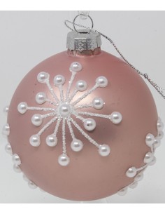 Palline Per Albero Cm 8 In Vetro rosa opaco con glitter bianco e perle...
