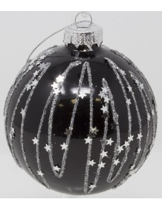 Palline Per Albero Cm 8 In Vetro nera lucida con glitter argento e stelline,...