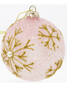 Palline Per Albero Cm 8 In Vetro rosa con glitter oro e perla, Confezione 12...