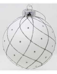 Palline Per Albero Cm 8 In Vetro bianco con filetti glitter argenti ondulati...