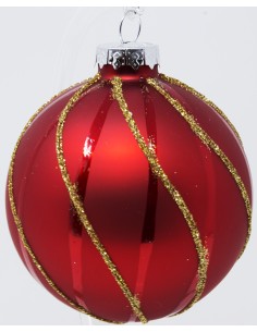 Palline Per Albero Cm 8 In Vetro Rosse Con Decoro Ondulato E Glitter Oro...