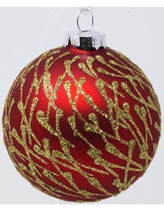 Palline Per Albero Cm 8 In Vetro Rosse Con Decoro Fantasia E Glitter Oro...