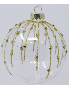 Palline Per Albero Cm 8 In Vetro Trasparente Con Decoro Pioggia Glitter Oro E...
